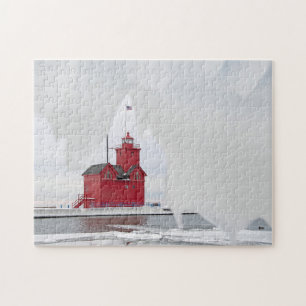 Puzzle Faro rojo de Michigan en invierno