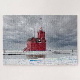 Puzzle Faro rojo de Michigan en invierno