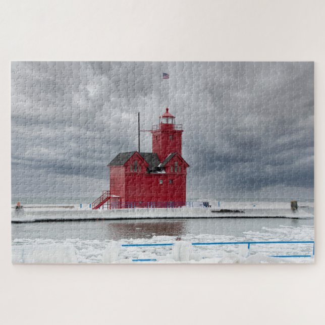 Puzzle Faro rojo de Michigan en invierno (Horizontal)