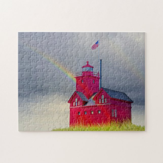 Puzzle Faro rojo Michigan con arco iris (Horizontal)