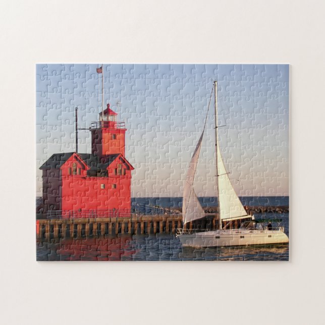 Puzzle Faro rojo Michigan con velero (Horizontal)