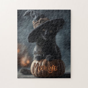 Puzzle Fastidioso gato negro "meowgic" en un Gorra de bru