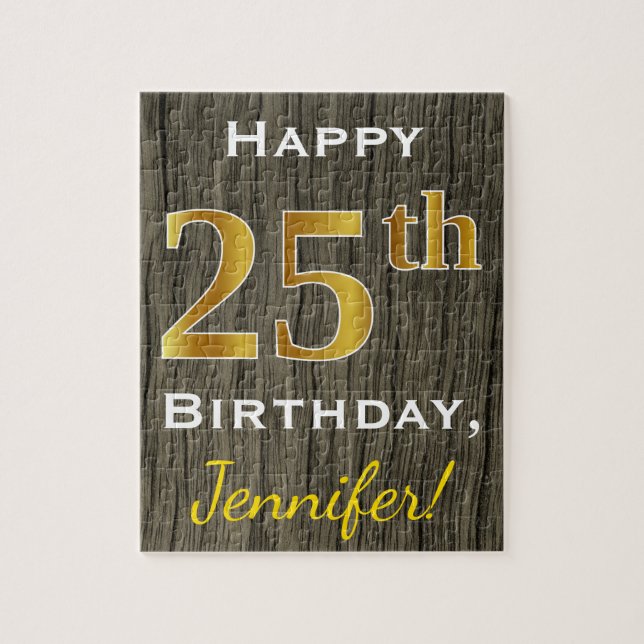 Puzzle Faux Wood, Faux Gold 25th Birthday + Custom Name (Vertical)