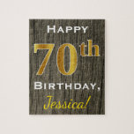 Puzzle Faux Wood, Faux Gold 70th Birthday   Custom Name<br><div class="desc">Este sencillo diseño de rompecabezas presenta el mensaje "Feliz cumpleaños número 70",  con el "70" en falso aspecto dorado. También tiene un nombre personalizado y un fondo de apariencia de madera falsa. Se podría dar a alguien que esté celebrando su septuagésimo cumpleaños.</div>