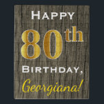 Puzzle Faux Wood, Faux Gold 80th Birthday   Custom Name<br><div class="desc">Este sencillo diseño de rompecabezas presenta el mensaje "Feliz 80 cumpleaños",  con el "80" en apariencia de oro falso. También tiene un nombre personalizado y un fondo de apariencia de madera falsa. Se lo podría dar a alguien que esté celebrando su ochenta cumpleaños. [~Z0000067]</div>