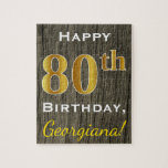Puzzle Faux Wood, Faux Gold 80th Birthday   Custom Name<br><div class="desc">Este sencillo diseño de rompecabezas presenta el mensaje "Feliz 80 cumpleaños",  con el "80" en apariencia de oro falso. También cuenta con un nombre personalizado y un fondo de madera falso. Se lo podría dar a alguien que esté celebrando su ochenta cumpleaños.</div>