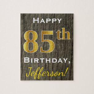 Puzzle Faux Wood, Faux Gold 85th Birthday + Custom Name