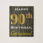 Puzzle Faux Wood, Faux Gold 90th Birthday   Custom Name<br><div class="desc">Este sencillo diseño de rompecabezas presenta el mensaje "Feliz cumpleaños 90",  con el "90" en apariencia de oro falso. También cuenta con un nombre personalizado y un fondo de madera falso. Se podría dar a alguien que esté celebrando su cumpleaños número noventa.</div>