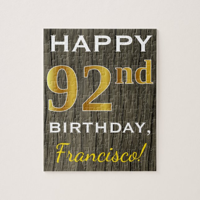Puzzle Faux Wood, Faux Gold 92nd Birthday + Custom Name (Vertical)