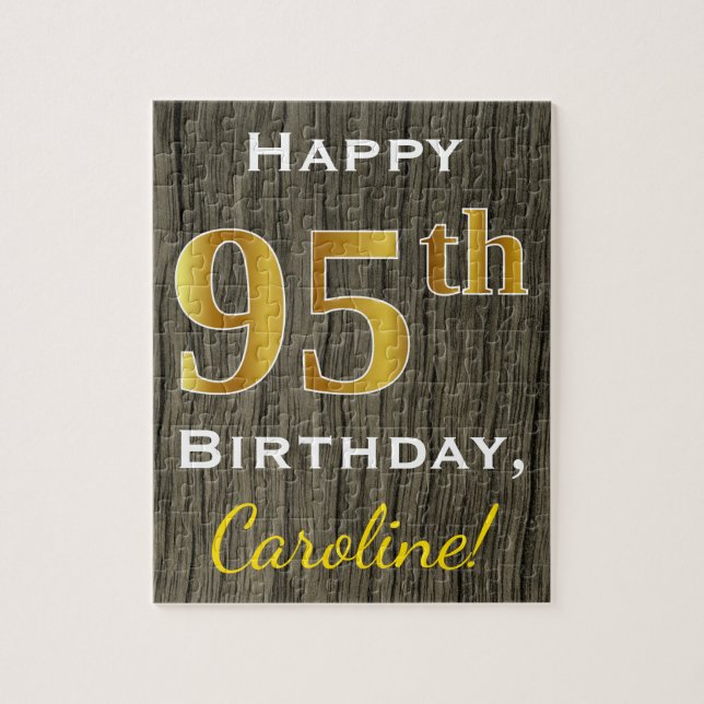 Puzzle Faux Wood, Faux Gold 95th Birthday + Custom Name (Vertical)