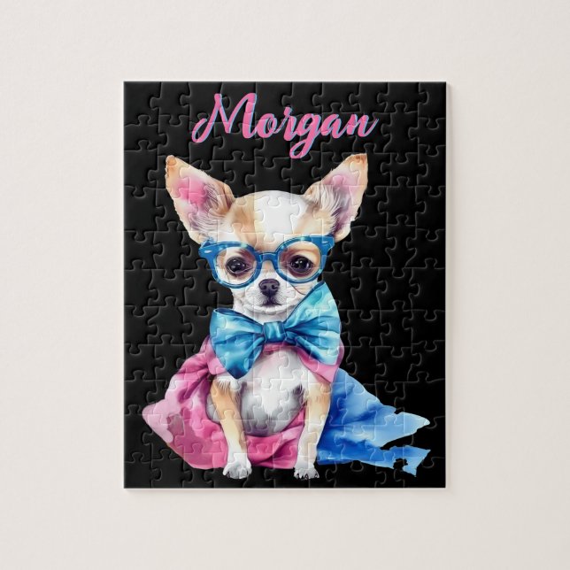 Puzzle Fawn Chihuahua Cachorro con gafas con nombre (Vertical)
