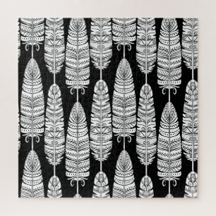 Puzzle Feathers boho: patrón blanco y negro
