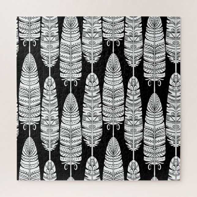 Puzzle Feathers boho: patrón blanco y negro (Vertical)