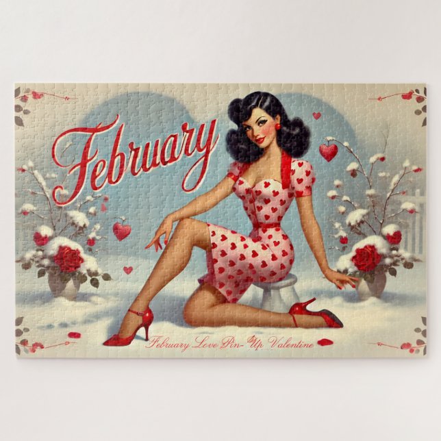 Puzzle Febrero Retro Brunette Pin Up Chica (Horizontal)