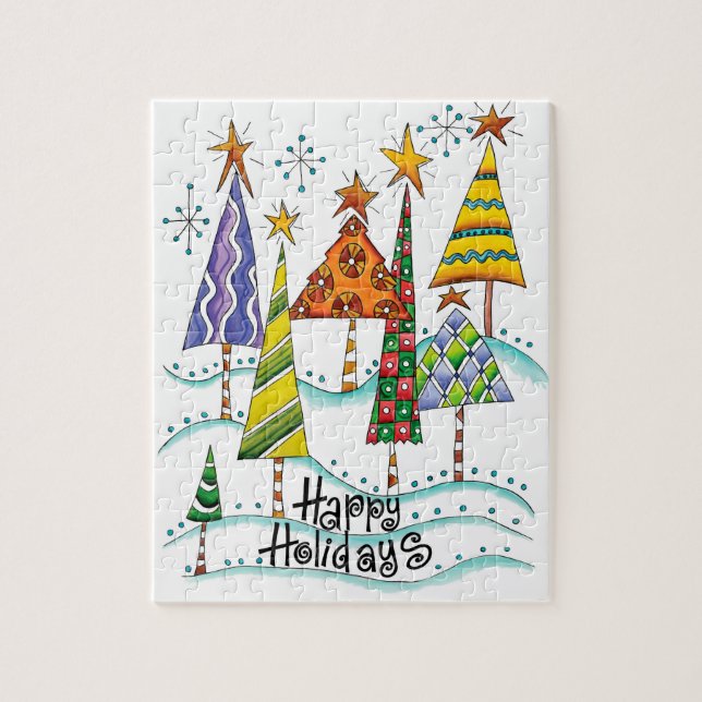 Puzzle ¡Felices Fiestas! Árboles de Navidad con estrellas (Vertical)