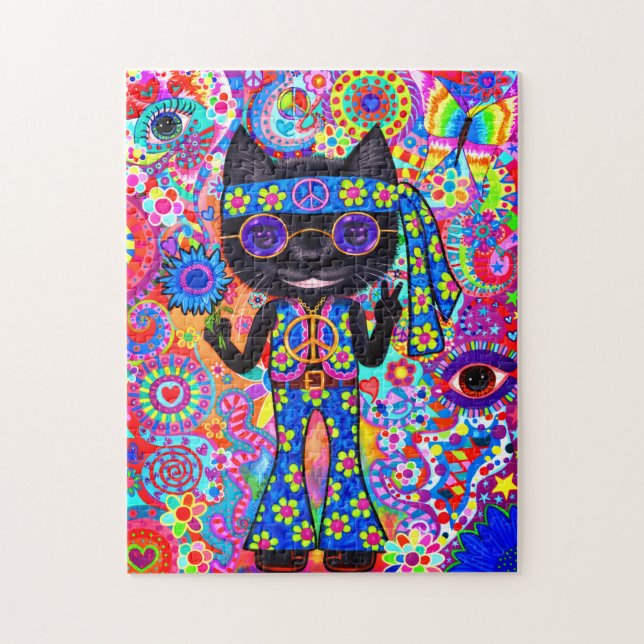 Puzzle Felices gafas de sol de gato hippie Signo de paz F (Vertical)
