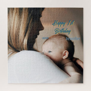 Puzzle Feliz 1er cumpleaños niños bebé madre azul amarill