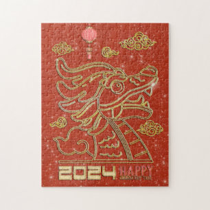 Puzzle Feliz Año Nuevo Chino Rojo Dorado del Dragón 2024