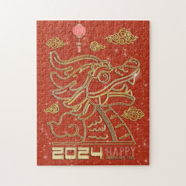 Puzzle Feliz Año Nuevo del Dragón 2024, Oro Rojo Chino (Vertical)
