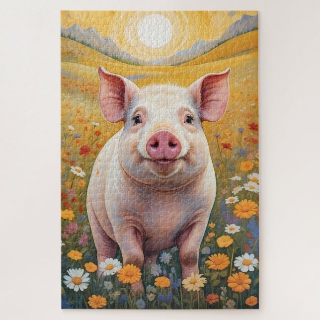 Puzzle Feliz Cerdito Sunny Daisy Field (Vertical)