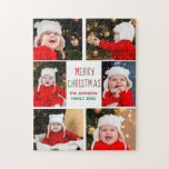 Puzzle Feliz Collage de fotos de Navidad Hermoso Verde Ro<br><div class="desc">Este lindo y moderno rompecabezas de Feliz Navidad presenta un elegante diseño de 5 fotos familiares en un fondo blanco con tipografía verde y rojo bonito. Este hermoso regalo de festividad para niños muestra el collage de fotos de su propio hijo alrededor de su mensaje festivo y nombre familiar en...</div>
