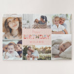 Puzzle Feliz cumpleaños Collage de fotos y patrón floral<br><div class="desc">Celebra la celebración de cumpleaños de un ser querido, amigo o miembro de la familia con nuestro collage de fotos de feliz cumpleaños personalizado y la celebración de patrones florales, rompecabezas de fotos de jigsaw. El diseño incluye seis fotos para mostrar sus propias fotos especiales de memoria de cumpleaños. "Cumpleaños"...</div>