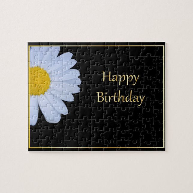 Puzzle Feliz cumpleaños con flores blancas y negro (Horizontal)