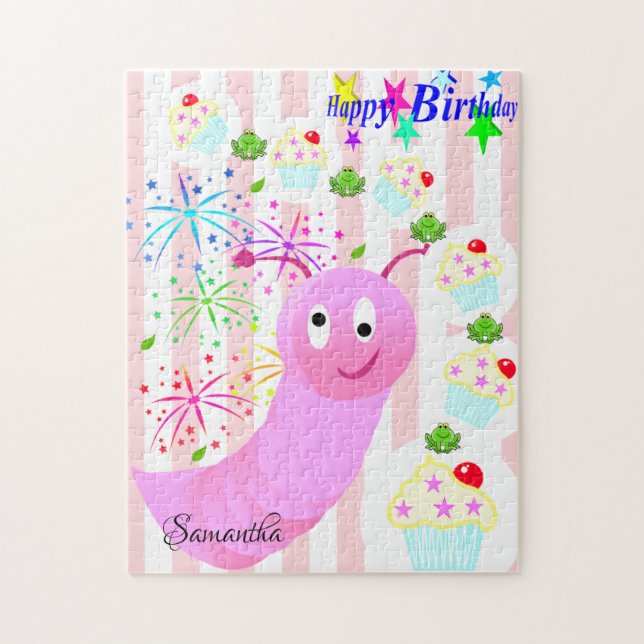 Puzzle Feliz Cumpleaños Gusano Rosa Cupcake Stripe (Vertical)