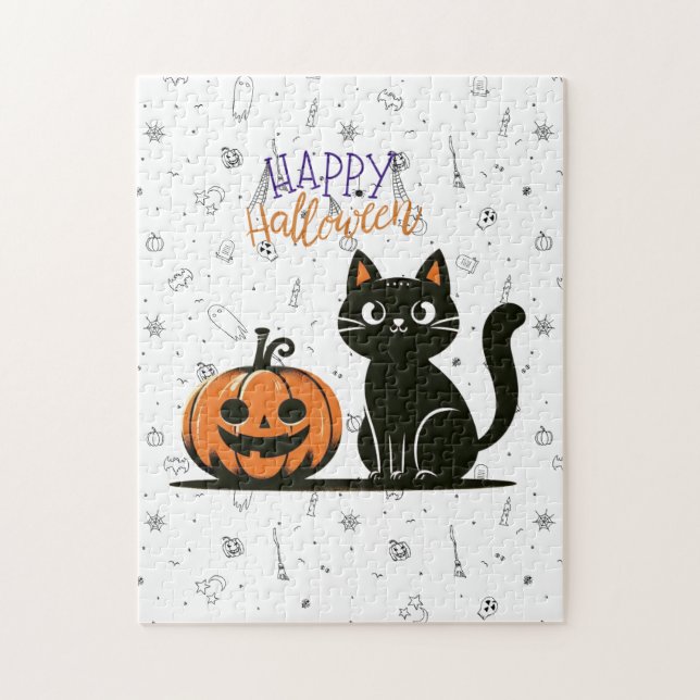 Puzzle Feliz gato y calabaza de Halloween (Vertical)