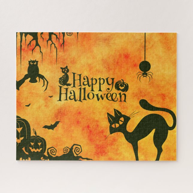 Puzzle Feliz Halloween Black cat, búho, calabazas (Horizontal)