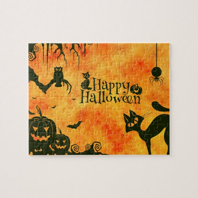 Puzzle Feliz Halloween bruja calabazas de búhos gatos (Horizontal)