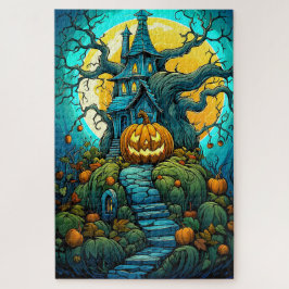 Puzzle Feliz Halloween Casa de Haunted iluminada por la l