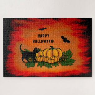 Puzzle Feliz Halloween, Gato Negro, Bat y Calabaza