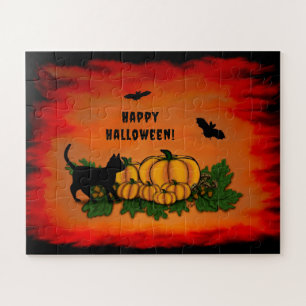 Puzzle Feliz Halloween , Gato Negro , Murciélago y Calaba