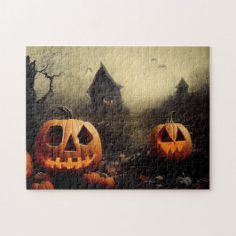 Puzzle Feliz Halloween mit Kürbissen und gruseligem Land.