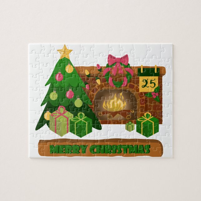 Puzzle Feliz Navidad cerca de la chimenea de fuego árbol  (Horizontal)