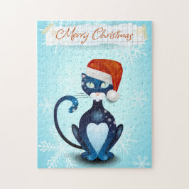 Puzzle Feliz Navidad con un gato negro con el Gorra de Sa