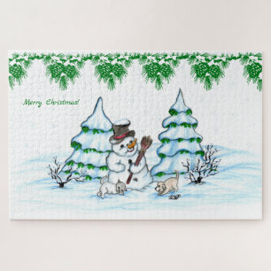 Puzzle ¡Feliz Navidad! Hombre de nieve con gato y cachorr