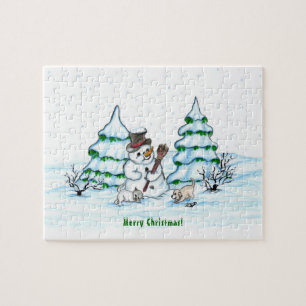 Puzzle ¡Feliz Navidad! Hombre de nieve con gato y cachorr