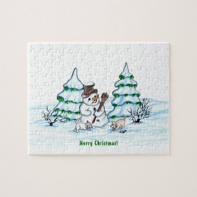 Puzzle ¡Feliz Navidad! Hombre de nieve con gato y cachorr (Horizontal)