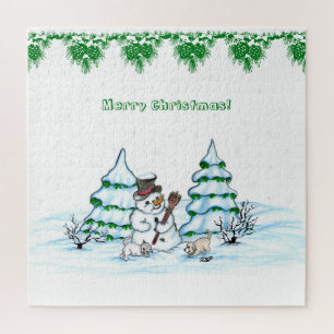 Puzzle ¡Feliz Navidad! Hombre de nieve con gato y cachorr