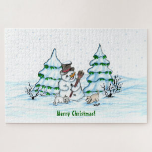 Puzzle ¡Feliz Navidad! Hombre de nieve con gato y cachorr