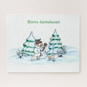 Puzzle ¡Feliz Navidad! Hombre de nieve con gato y cachorr