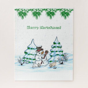 Puzzle ¡Feliz Navidad! Hombre de nieve con gato y cachorr