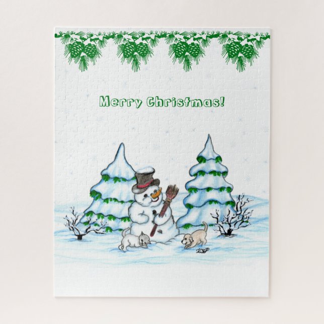 Puzzle ¡Feliz Navidad! Hombre de nieve con gato y cachorr (Vertical)