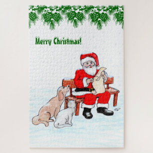 Puzzle Feliz Navidad - Papá Noel con gato y perro