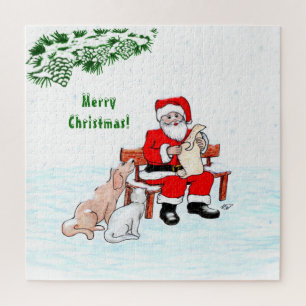 Puzzle Feliz Navidad! Papá Noel con gato y perro