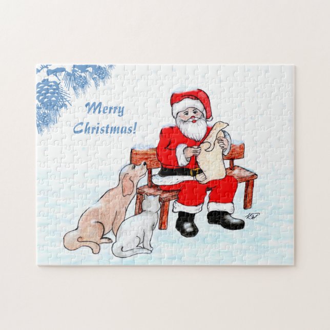 Puzzle Feliz Navidad - Papá Noel con gato y perro (Horizontal)