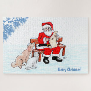 Puzzle Feliz Navidad - Papá Noel con gato y perro