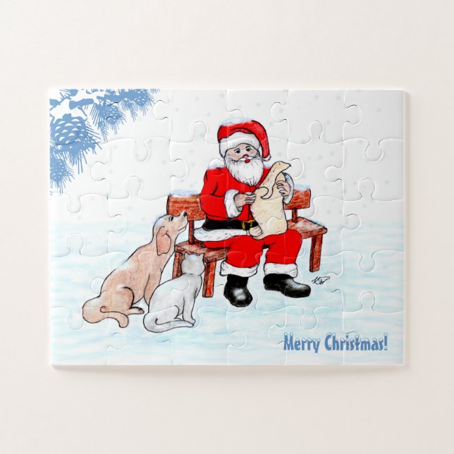 Puzzle Feliz Navidad - Papá Noel con gato y perro (Horizontal)